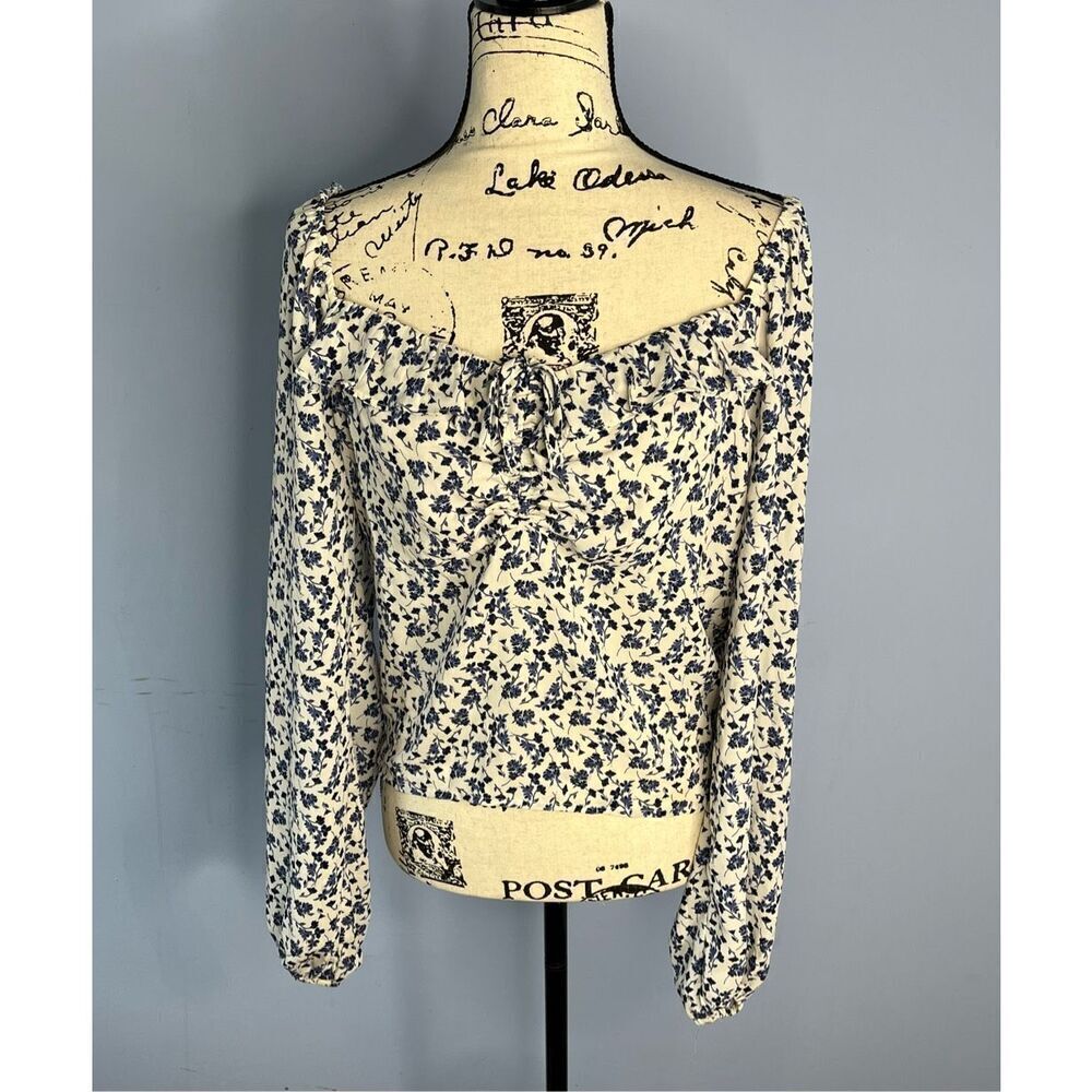 Lush Women's 2XL XXL Blue White Floral Off the Shoulder Cropped Shirt Top Blouse